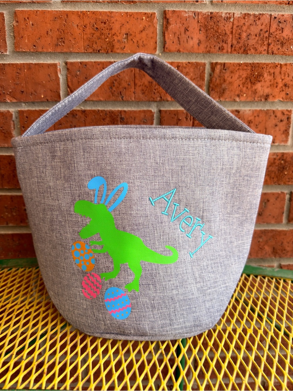 Personalized Kids AVERY Easter Bag in Gray with Green Easter Dinosaur